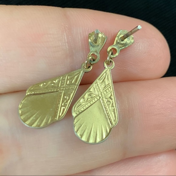 Vintage Spanish Damascene Black & Gold Tone Dangle Post Earrings - Picture 4 of 6